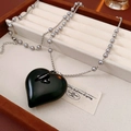 Vintage black heart pendant necklace with grey beads on white velvet jewelry tray - 46# Necklace - Silver-Black-Pearl 6mm
