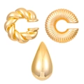 Three-piece gold-tone metal earring set featuring textured C-shape and teardrop designs - Radial Ribbed Water Drop Earring Set (N-806) / KC Gold