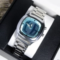 Vintage ins style silver alloy quartz men's watch with blue grid dial in a gift box - Silver Case Blue Dial