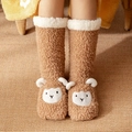 Brown coral fleece floor socks featuring white sheep embroidery and faux wool cuffs - One Size / Coffee Sheep