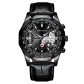 Orologio cronografo da uomo in pelle nera alla moda con calendario e dettagli argento - Cassa Nera Quadrante Nero