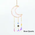 Bohemian rose quartz crescent moon suncatcher with gold chains and rainbow prisms - Pink Crystal Moonstone Wind Chime
