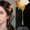 Fermaglio per capelli a farfalla dorata con nappe mobili e perle finte bianche - Stile con Nappa (F0002) / Oro