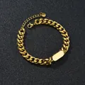 Detailed close-up of golden stainless steel Cuban chain ID bracelet with adjustable lobster clasp - Oval ID Bar 6-Sided Grinding Chain / Gold