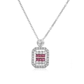 Macro view of a silver rectangle pendant necklace with red gemstone and cubic zirconia - Silver Metal/Rose Red Zirconia