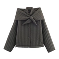 Short charcoal quilted puffer jacket featuring a unique detachable scarf collar and snaps - S / Gray