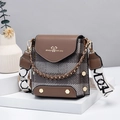 Mini crossbody bag in brown and grey plaid PU leather with bow detail and gold lettering - Coffee