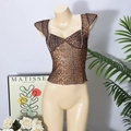 Detail of leopard print mesh top featuring sweetheart neckline and white lace trim - S / Leopard Print