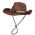 Detail of western straw cowboy hat featuring vintage bull head metal emblem and leather band - M (56-58cm) / Coffee