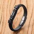 Close-up of black braided leather bracelet with black magnetic clasp and crystal beads - Black Metal Rhinestone
