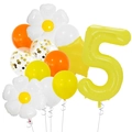Daisy flower and yellow number 5 foil balloon set with golden confetti balloons for birthday - Number Five Daisy Star and Latex Balloon Mix