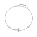 S925 sterling silver bracelet featuring a zircon cross pendant and two white pearls - 925 Silver / Cross Pearl Bracelet (DY150304-S-W-WH)
