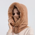 Knitted winter hood mask in camel brown with faux fur trim and adjustable drawstring - Khaki