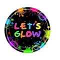 7-inch black neon party paper plate with LET'S GLOW text and colorful splatter design - Small Paper Plates