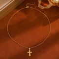 Cyberpunk layered gold cross pendant necklace with textured metallic finish on brown velvet - 18K Real Gold 4741 Gold Textured Cross Simple Necklace