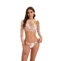 Set bikini tre pezzi con crop top in mesh a maniche lunghe e stampa astratta colorata - S / Giallo
