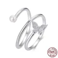 Elegant 925 sterling silver triple-layer wrap ring with butterfly and white pearl accents - 925 Silver / Butterfly Ring (BSR627-E)