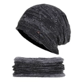 Dark grey knitted beanie hat and neck warmer set with thick fleece lining for winter warmth - Black
