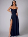 Robe longue en satin bleu marine avec col bénitier, fines bretelles et fente latérale - S / Bleu marine