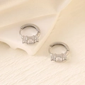 Silver geometric stainless steel hoop earrings with three-stone zircon setting - Silver (Three Stone)