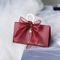 Elegant burgundy wedding candy box with white handle, bow, and pearl pendant - Large+Wood Ring / Burgundy English Box+Burgundy Chiffon+Pearl+Pin
