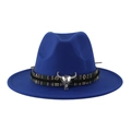 Classico cappello fedora blu reale con testa di toro argentata e fascia etnica - Taglia unica / Blu Zaffiro