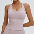 Fashionable ribbed yoga vest in dusty pink with U-neck and cutout back for fitness - L / Light Grey Purple