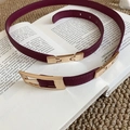 Deep burgundy skinny waist belt with gold buckle displayed on a vintage book - Dark Wine Red Thin Belt Gold Square Insertion Buckle (66# Belt-Purple)