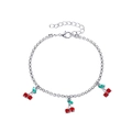 Silver rhinestone anklet featuring red and green cherry pendants on a white background - Rhinestone Cherry Style (S533) / Silver