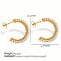 Golden C-shaped stainless steel hoop earrings with double row imitation pearls - EH265 Double Row Pearl Gold C-Shaped Earrings