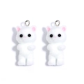 Close-up of white flocked cat charms with pink ears and metal rings for jewelry making - 17*38mm / White Cat
