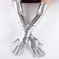 Guantes largos y sexys de cuero charol plateado para cosplay y baile en barra - Dedo Completo / Plateado