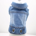 Close-up of retro light blue dog denim vest with distressed holes and metal buttons - M / Light Blue