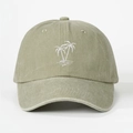 Close-up detail of white palm tree embroidery on olive green washed cotton baseball cap - Light Khaki