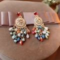 Detail of vintage bohemian earrings with crystal tassels and colorful gemstones - Multi-color Flower Tassel Style (HE13782) / Colorful