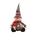 Detailed view of handmade Christmas snowman plush doll with red plaid fabric and scarf - Sitting Snowman (D-GJ10)