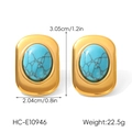 Detailed view of gold geometric earrings with turquoise stone and dimension specs - Turquoise Gold Stud Earrings (HC-E10946)