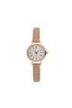 Detail of round rose gold watch case with white dial and brown leather strap stitching - Camel