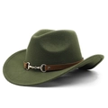 Detail of dark green western wool fedora with brown leather band and gold horse-bit buckle - M (56-58cm) Adjustable / Army Green