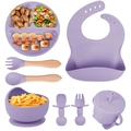 Eight-piece purple silicone baby feeding set with suction bowl plate and wooden spoon - Purple-8Pcs Set