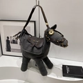 Borsa a tracolla a forma di cavallo in tela grigia con pelle marrone e dettagli oro - Grigio