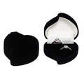 Elegant heart-shaped black velvet ring box with a soft white satin interior lining - Heart Flower Skewed Double Ring / Black