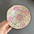 Handcrafted coconut bowl with pink floral shell inlay and natural outer texture - 5 Plum Blossoms