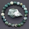 Natural Tree Agate beaded bracelet with green and white gemstones around raw mineral stone - Moss Agate