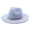 Detailed texture of light blue woven straw Fedora hat with brown rope decorative band - M (56-58cm) / Sky Blue