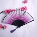 Bamboo folding fan featuring purple gradient silk with plum blossom patterns and tassel - Purple Gradient Plum Blossom Style (Lady's Fan-40)