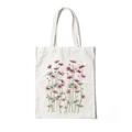 Beige floral canvas tote bag featuring a detailed pink cosmos flower hand-painted print - Style B-Pink Cosmos