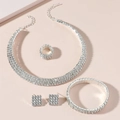 Silver bridal jewelry set with four rows of rhinestones necklace bracelet ring earrings - 3-Row Full Rhinestone 4-Piece Set