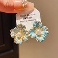 Blue flower petal earrings with pearl center and gold trim on 925 silver studs - Gold Blue Flower (14#)
