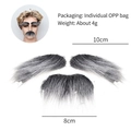 Detailed view of artificial black beard and eyebrow set with size and weight measurements - Small Size Eyebrows And Mustache Set / Grey and White Mixed